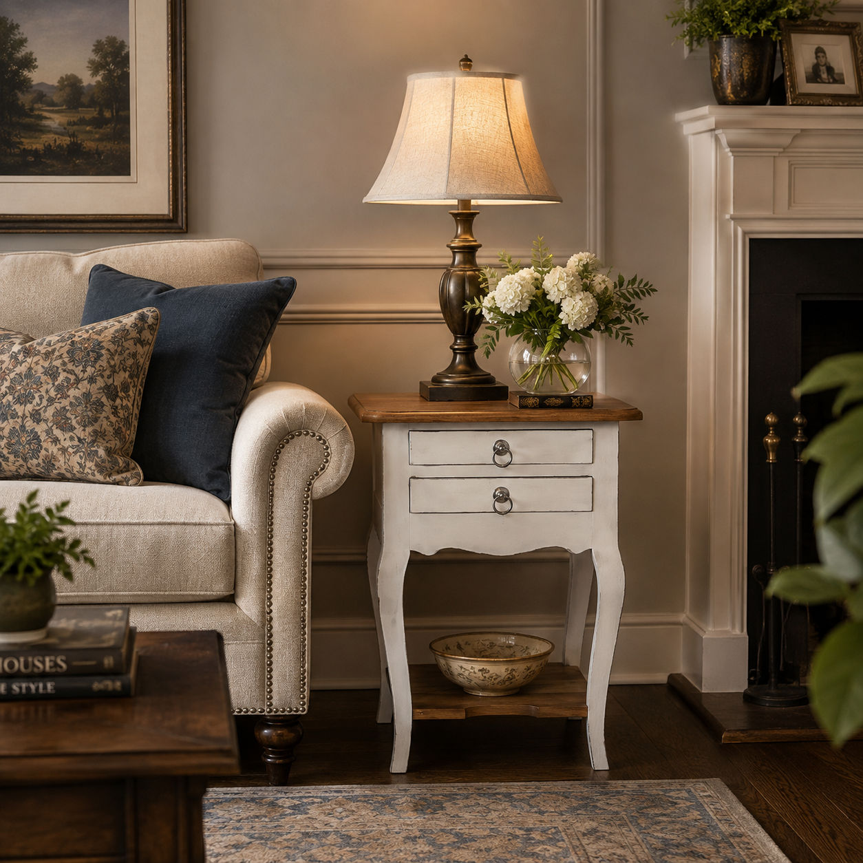 Astrid Quality Mahogany 2-Drawer Antique Side Table/Lamp Table White/Natural
