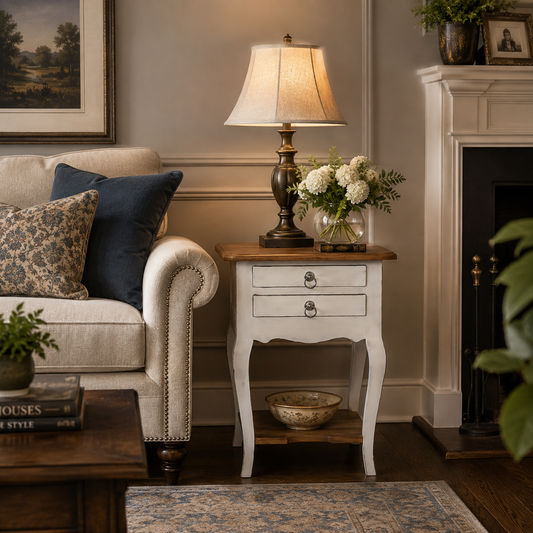 Astrid Quality Mahogany 2-Drawer Antique Side Table/Lamp Table White/Natural