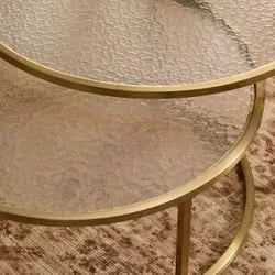 CLAUDIA SET OF 2 ROUND RIPPLED GLASS & GOLD NESTING COFFEE TABLES - MyChocolateWood