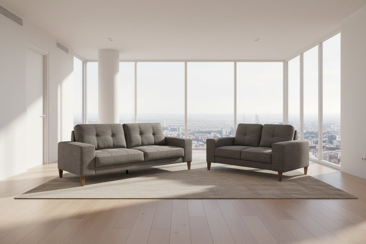 Liz 3-Seater & 2-Seater Mid-Century Fabric Sofa Set in Licorice - Chocolate Wood
