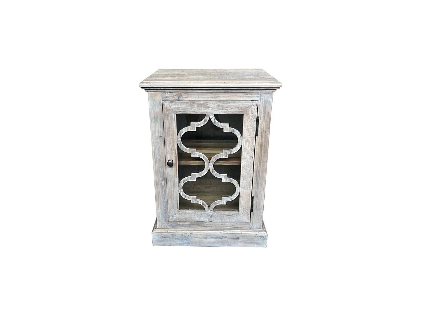 REINA GREYWASHED RECYCLED TIMBER/GLASS PANEL 1-DOOR BEDSIDE TABLE/CABINET - MyChocolateWood