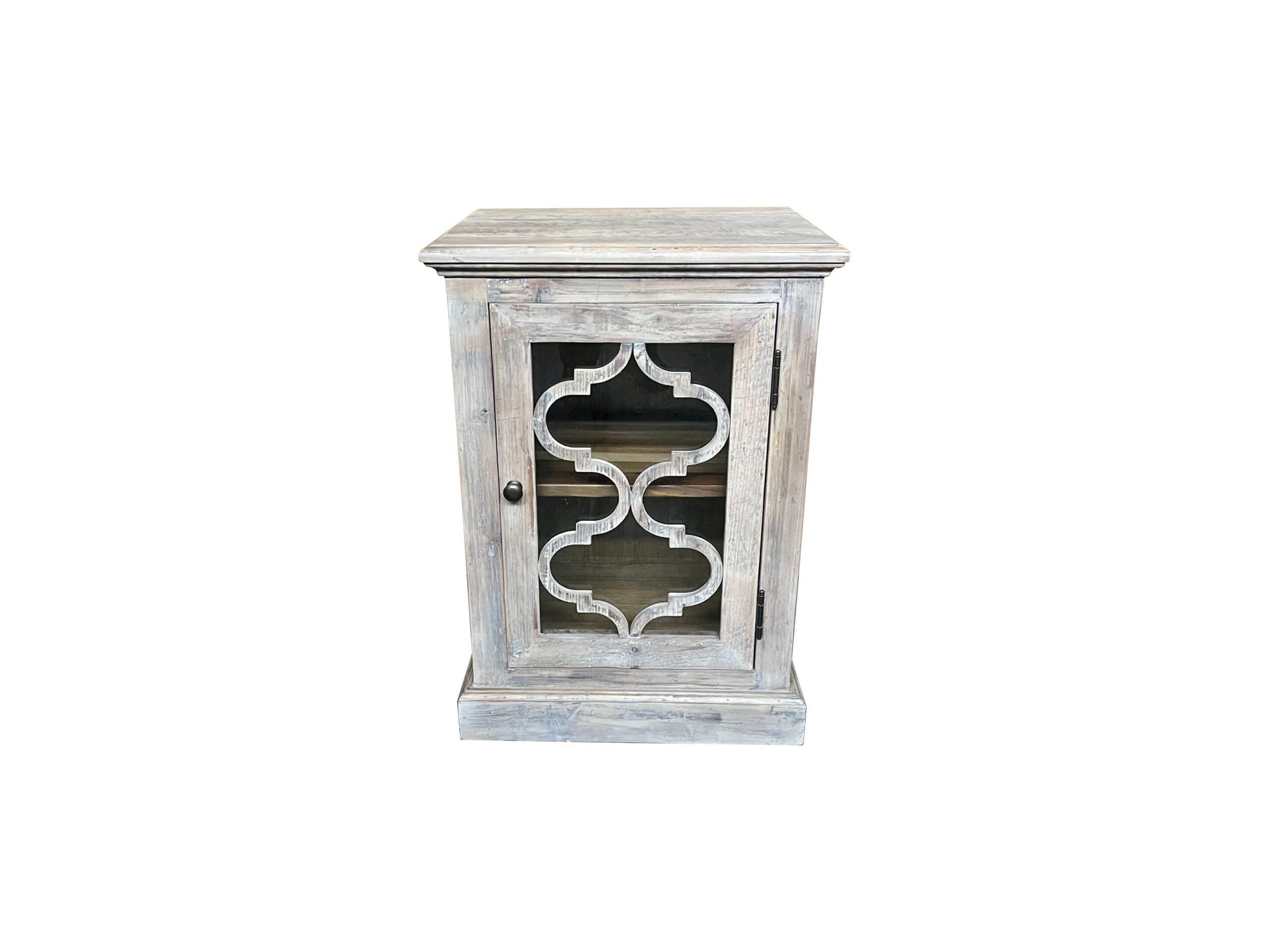 REINA GREYWASHED RECYCLED TIMBER/GLASS PANEL 1-DOOR BEDSIDE TABLE/CABINET - MyChocolateWood