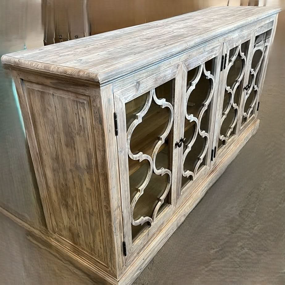 REINA GREYWASHED RECYCLED TIMBER/GLASS 4-DOOR BUFFET/SIDEBOARD - MyChocolateWood