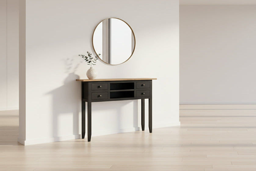 DAGENHAM  RUSTIC RECYCLED ELM HALL TABLE/CONSOLE 4 DRAWERS/2 SHELVES NATURAL/BLACK - MyChocolateWood