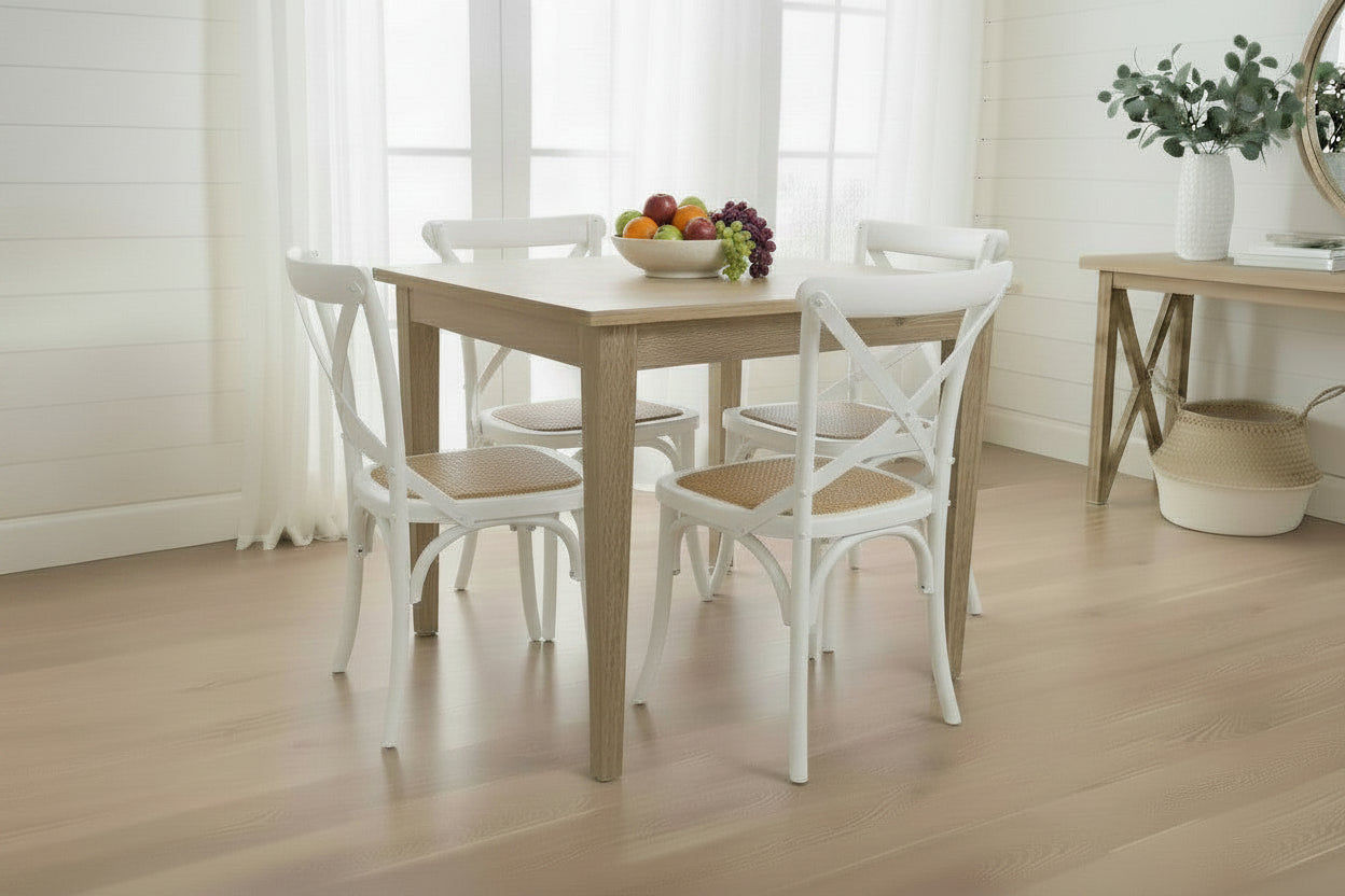 TARA SOLID OAK SQUARE DINING TABLE (90 X 90) NATURAL + 4 MELROSE ELMWOOD CROSSBACK CHAIRS WHITE - MyChocolateWood