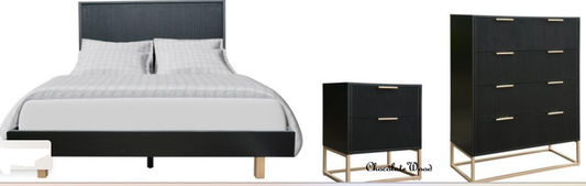 FARAH 4 PIECE SOLID ACACIA BEDROOM SUITE: DOUBLE BED, 2XBEDSIDES,TALLBOY BLACK