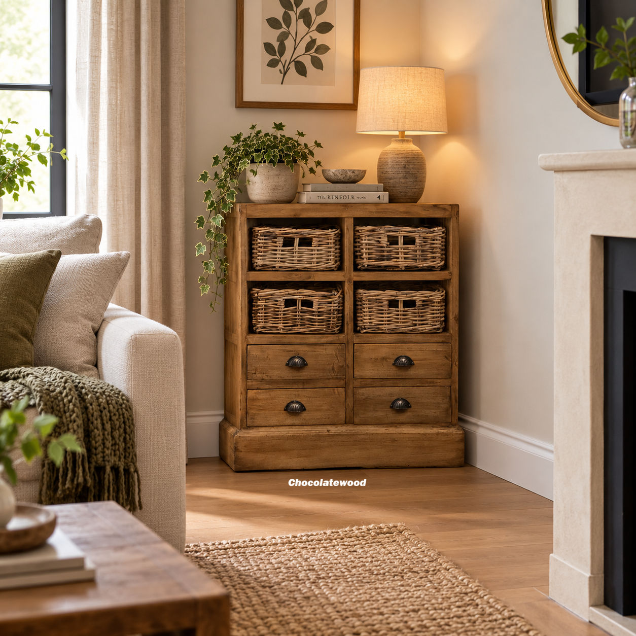 Rosalba Mahogany & Wicker Chest of 4 drawers & 4 Wicker Baskets - Natural