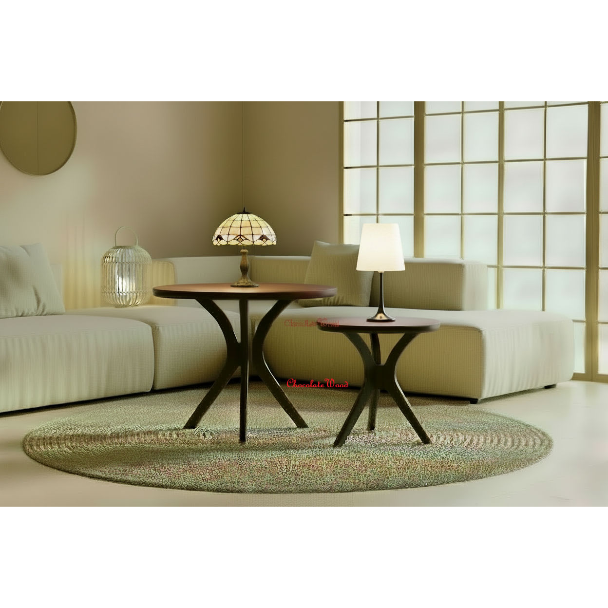 Gatsby Solid Mindi Timber Round Side Table / Lamp Table Set in Walnut - Chocolate Wood