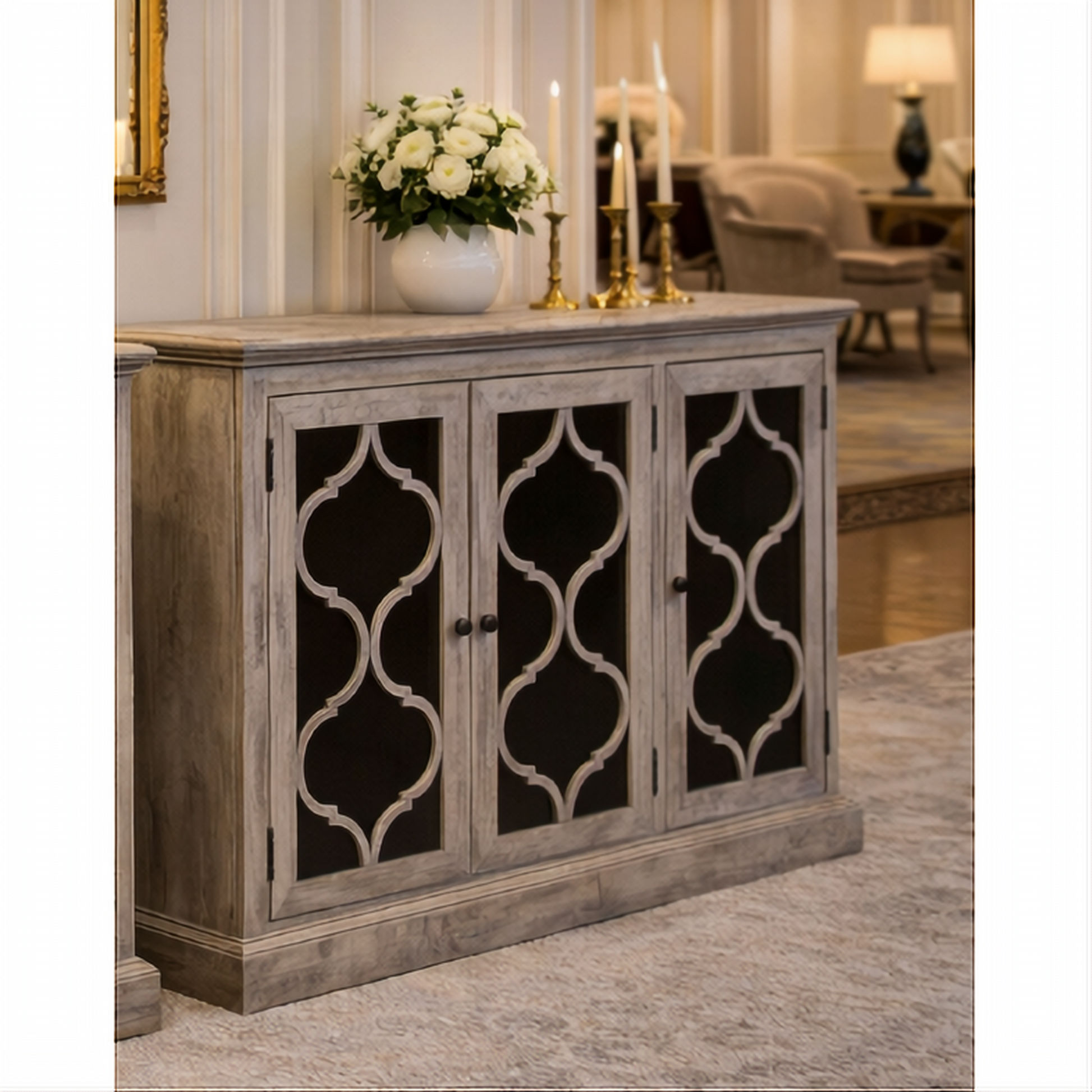 Reina Greywashed Recycled Timber 3-Door Buffet with Heritage Metal Panels - Chocolate Wood