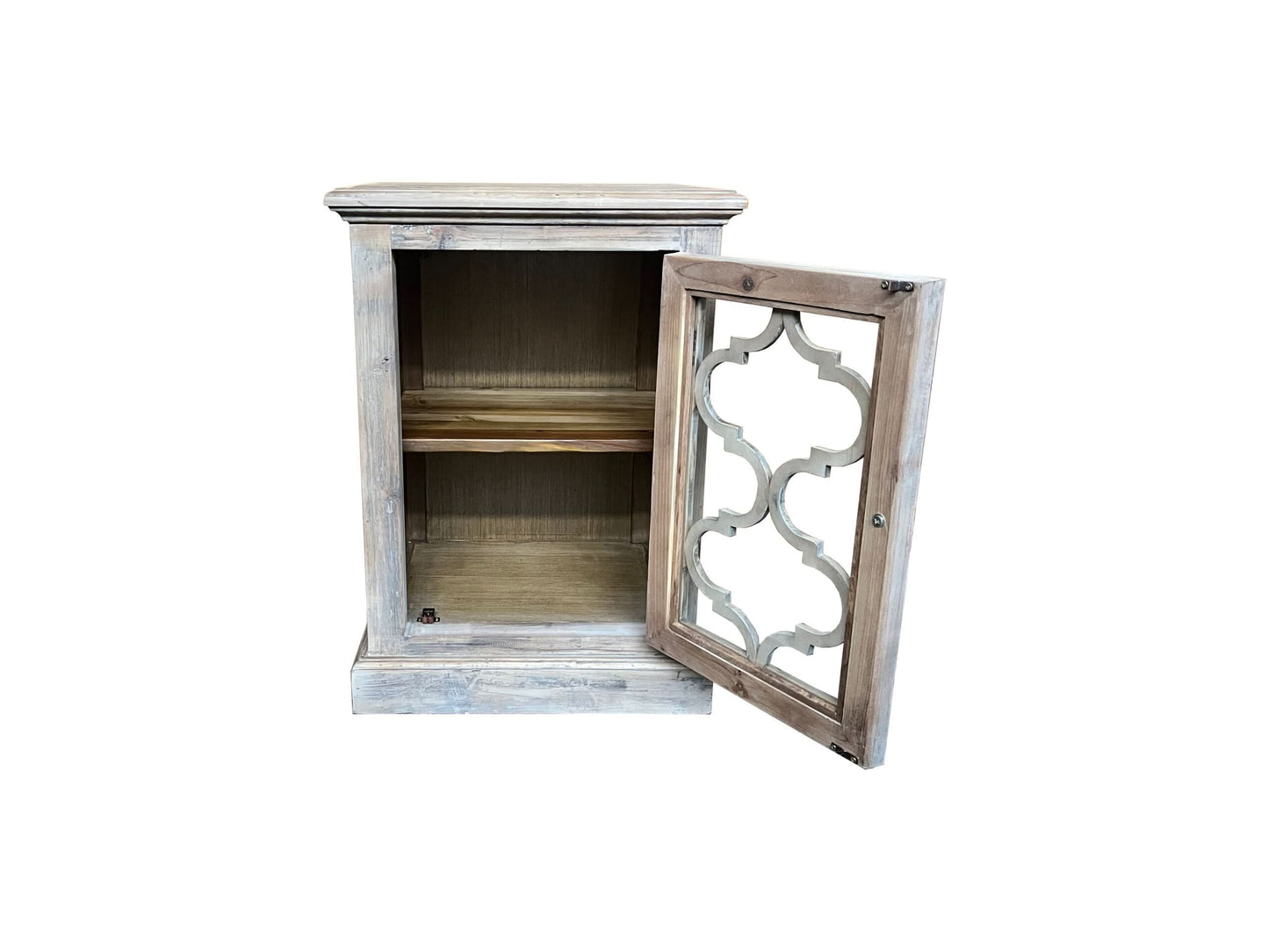 REINA GREYWASHED RECYCLED TIMBER/GLASS PANEL 1-DOOR BEDSIDE TABLE/CABINET - MyChocolateWood