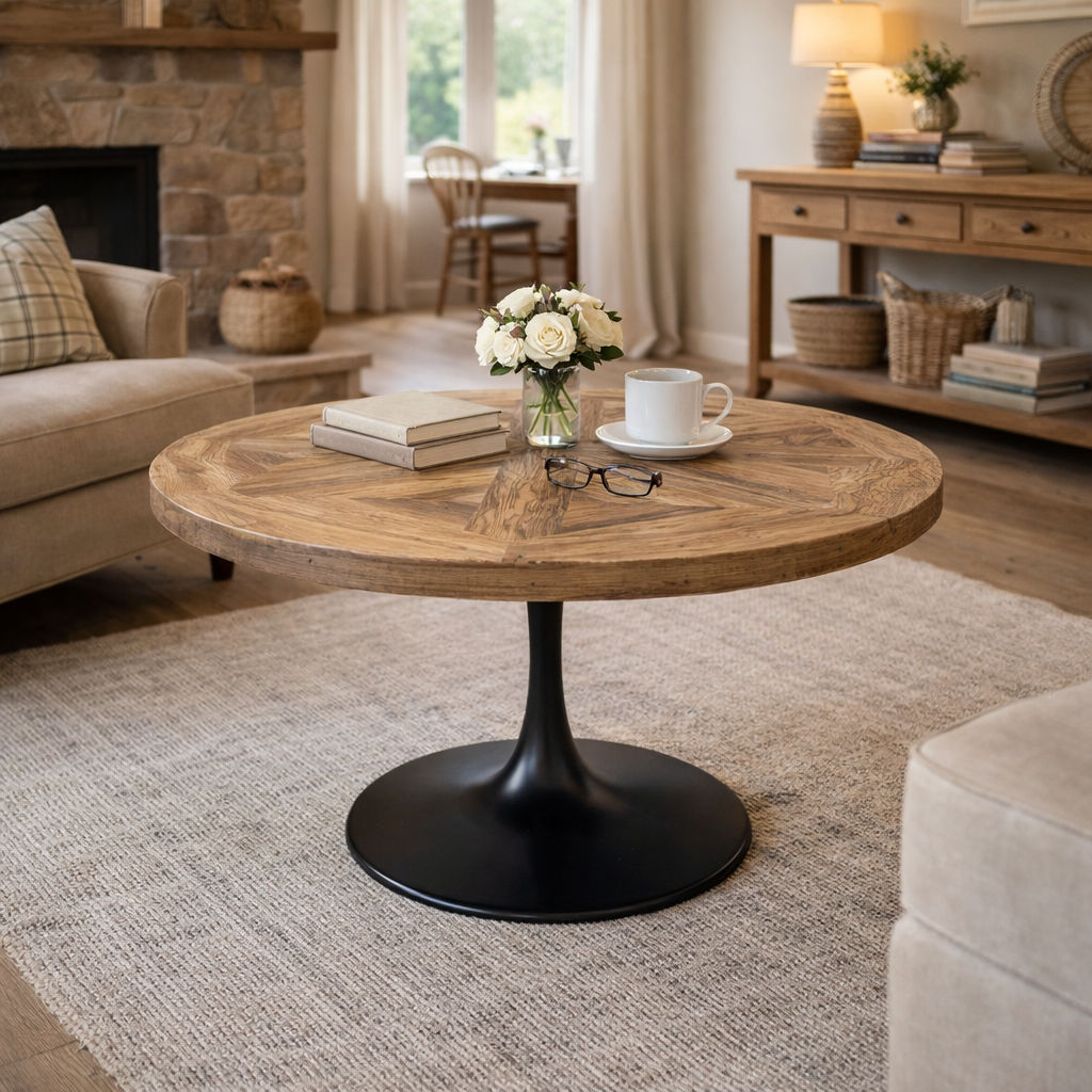 QUENTIN ROUND PARQUETRY COFFEE TABLE IN RECYCLED ELM & IRON - MyChocolateWood