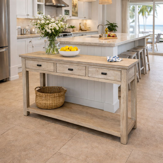 NEVANA  RECYCLED ELM TIMBER 3 DRAWER  CONSOLE TABLE/HALL TABLE - MyChocolateWood