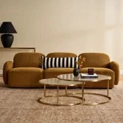 CLAUDIA SET OF 2 ROUND RIPPLED GLASS & GOLD NESTING COFFEE TABLES - MyChocolateWood
