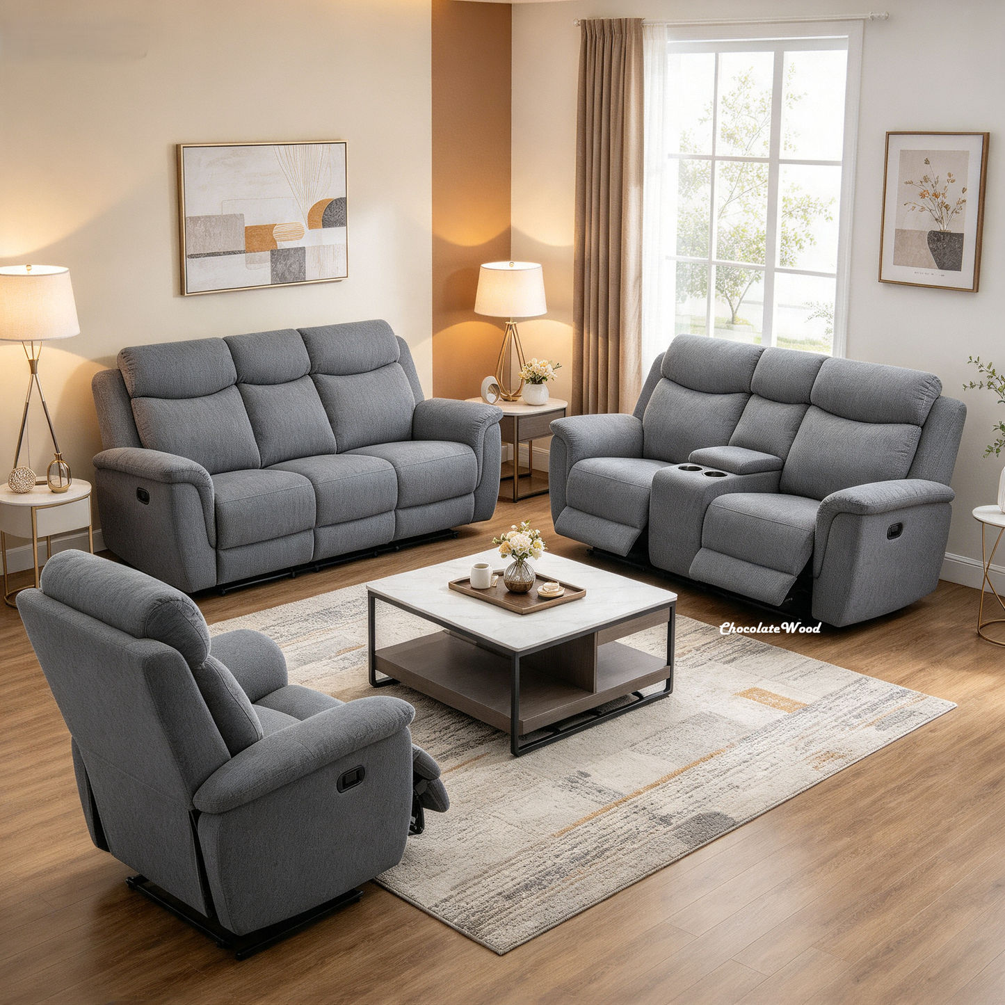 Kallea Fabric 2-Seater Manual Recliner Sofa - Steel - Chocolate Wood