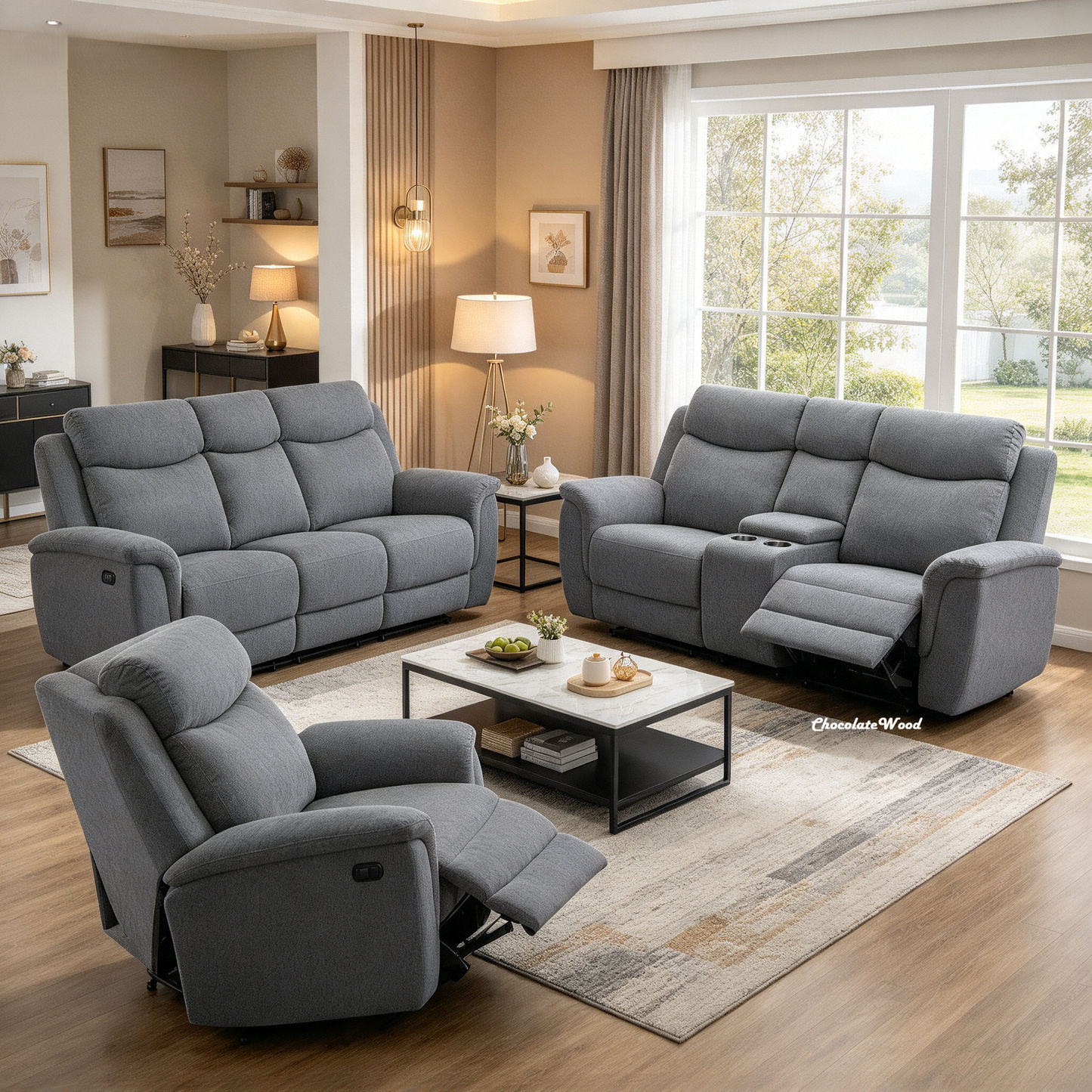 Kallea Fabric 1-Seater Manual Recliner Armchair - Steel - Chocolate Wood