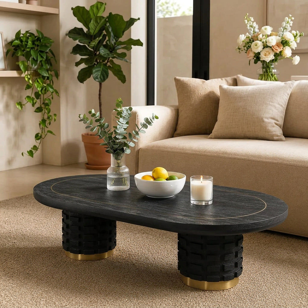 Raven Handmade Solid Mango Column Coffee Table with Gold Accents