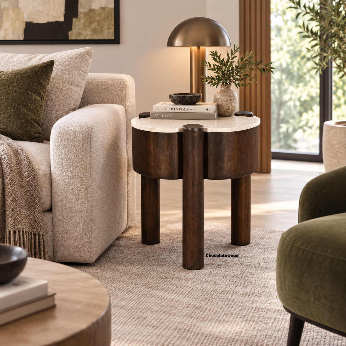Fiore Clover-Shaped Mango Hardwood & Marble Side Table / Accent Table