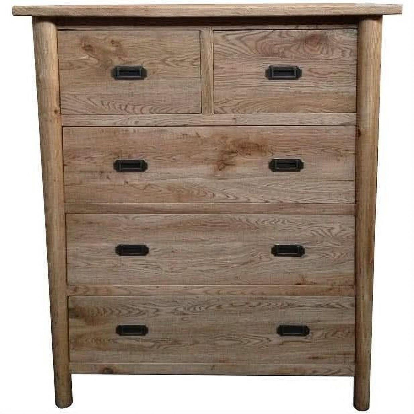 Solid oak 5-drawer chest of drawers by Chocolate Wood, showcasing a sturdy, natural wood finish with sleek drawer handles.