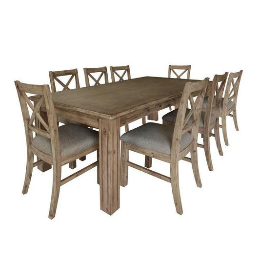 Devonshire Acacia Timber 9-piece dining set with 210cm table and 8 brushed khaki Devonshire dining chairs by MyChocolateWood