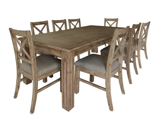 DEVONSHIRE ACACIA TIMBER 9 PIECE DINING SET -1 DINING TABLE  210CM & 8 DEVONSHIRE DINING CHAIRS BRUSHED KHAKI - MyChocolateWood