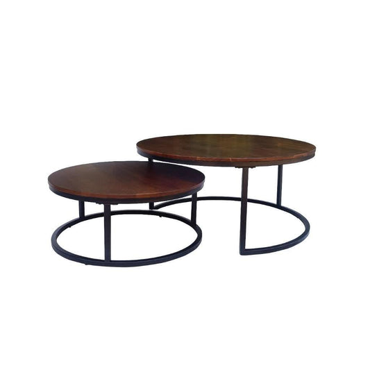 CABOT SET OF 2 COFFEE TABLES  MANGO WOOD WALNUT COLOURED TOPS WITH BLACK METAL LEGS - MyChocolateWood