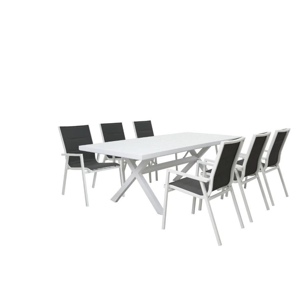 GRECO 7 PIECE OUTDOOR DINING SETTING ALUMINIUM WHITE & CHARCOAL 220CM - MyChocolateWood