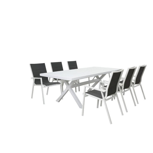 GRECO 7 PIECE OUTDOOR DINING SETTING ALUMINIUM WHITE & CHARCOAL 220CM - MyChocolateWood