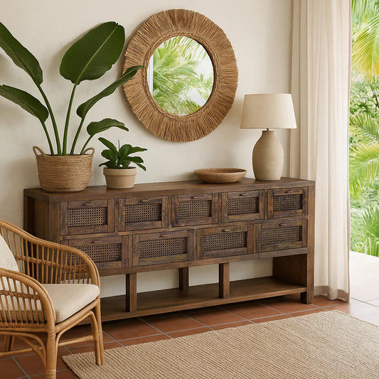 ELDRIDGE SOLID MINDI WOOD BUFFET 9 DRAWERS SIDEBOARD IN HONEY BROWN 180CM - MyChocolateWood