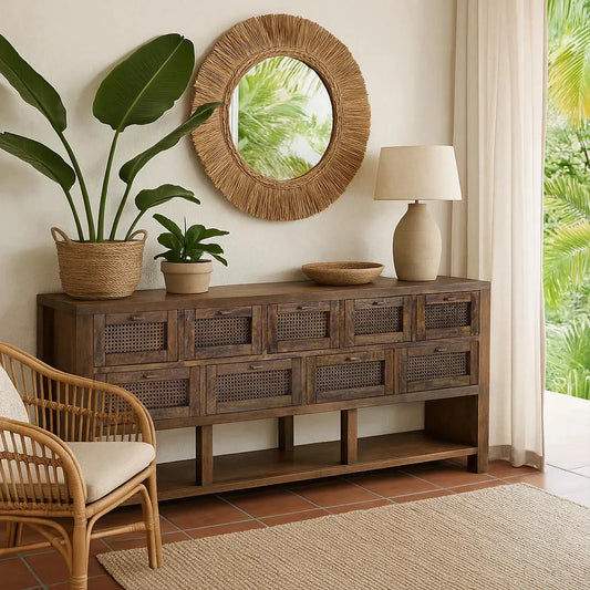 ELDRIDGE SOLID MINDI WOOD BUFFET 9 DRAWERS SIDEBOARD IN HONEY BROWN 180CM - MyChocolateWood