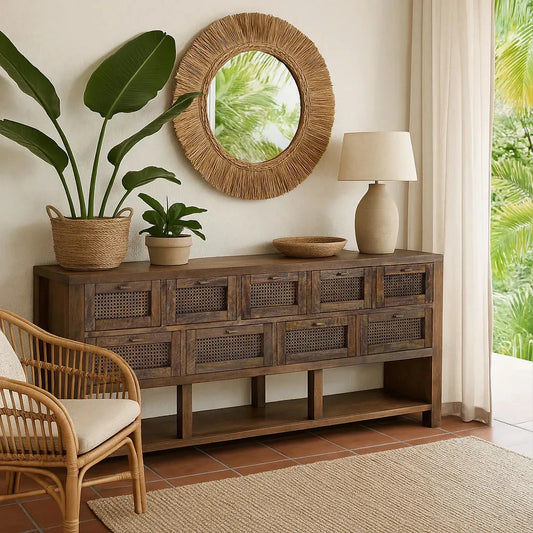 ELDRIDGE SOLID MINDI WOOD BUFFET 9 DRAWERS SIDEBOARD IN HONEY BROWN 180CM