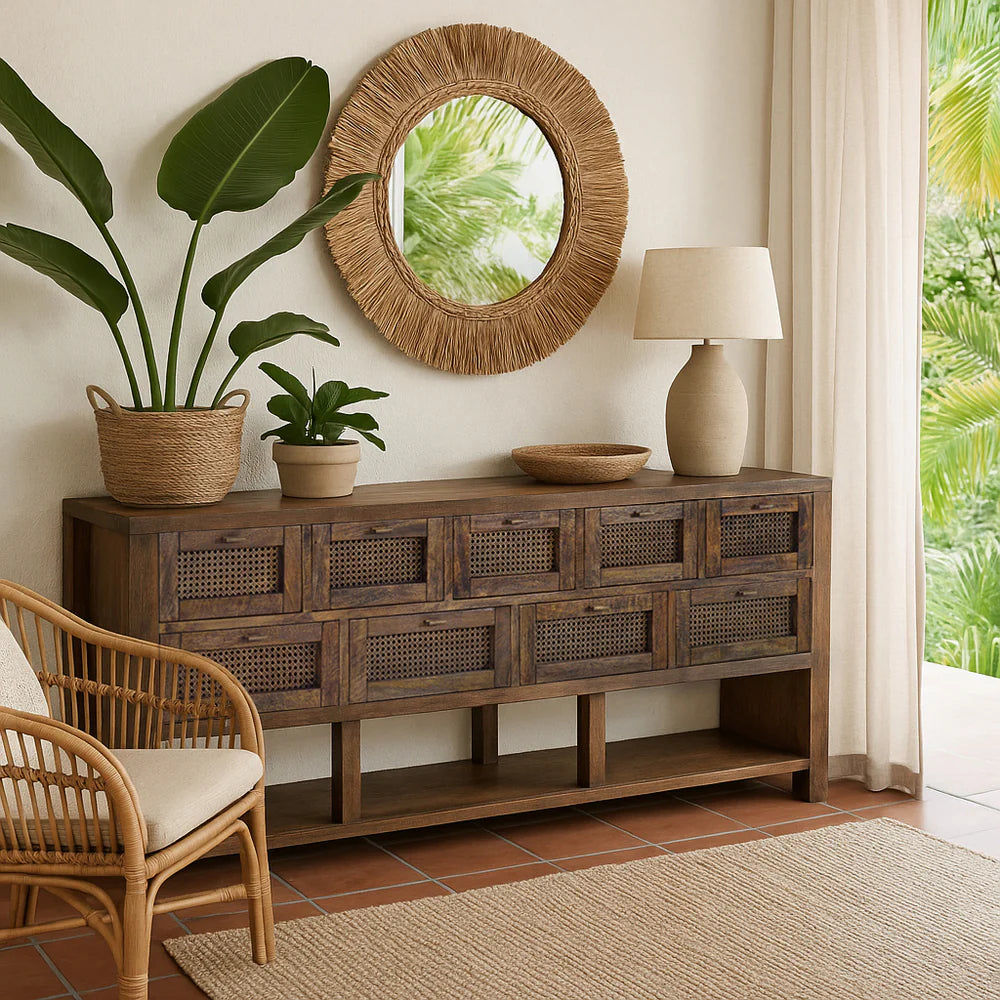 ELDRIDGE SOLID MINDI WOOD BUFFET 9 DRAWERS SIDEBOARD IN HONEY BROWN 180CM - MyChocolateWood