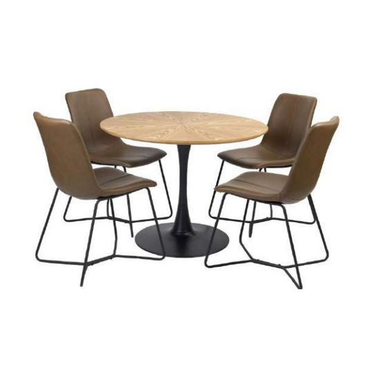 ALBERGE ROUND MARBLE-LOOK GLASS TOP DINING TABLE ON PEDESTAL METAL BASE ASH/BLACK - MyChocolateWood