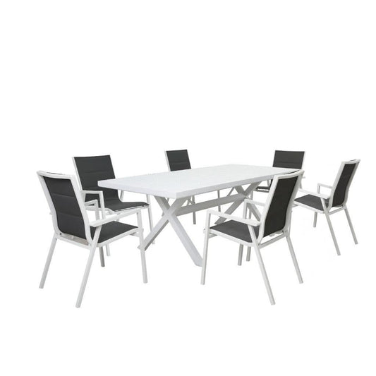GRECO 7 PIECE OUTDOOR DINING SETTING ALUMINIUM WHITE & CHARCOAL 220CM - MyChocolateWood
