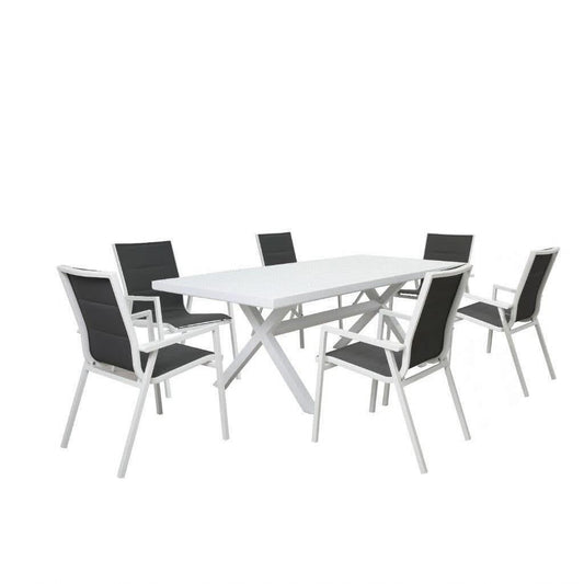 GRECO 7 PIECE OUTDOOR DINING SETTING ALUMINIUM WHITE & CHARCOAL 220CM - MyChocolateWood