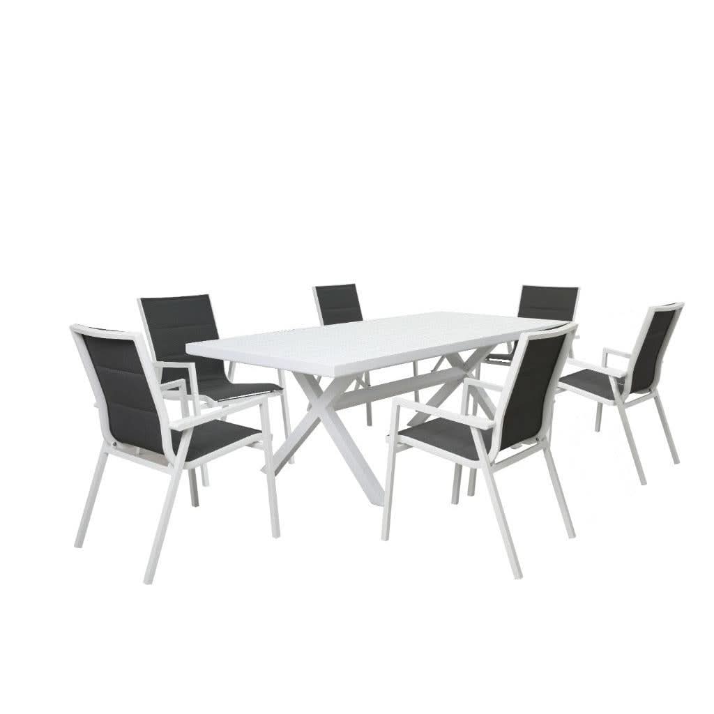 GRECO 7 PIECE OUTDOOR DINING SETTING ALUMINIUM WHITE & CHARCOAL 220CM - MyChocolateWood