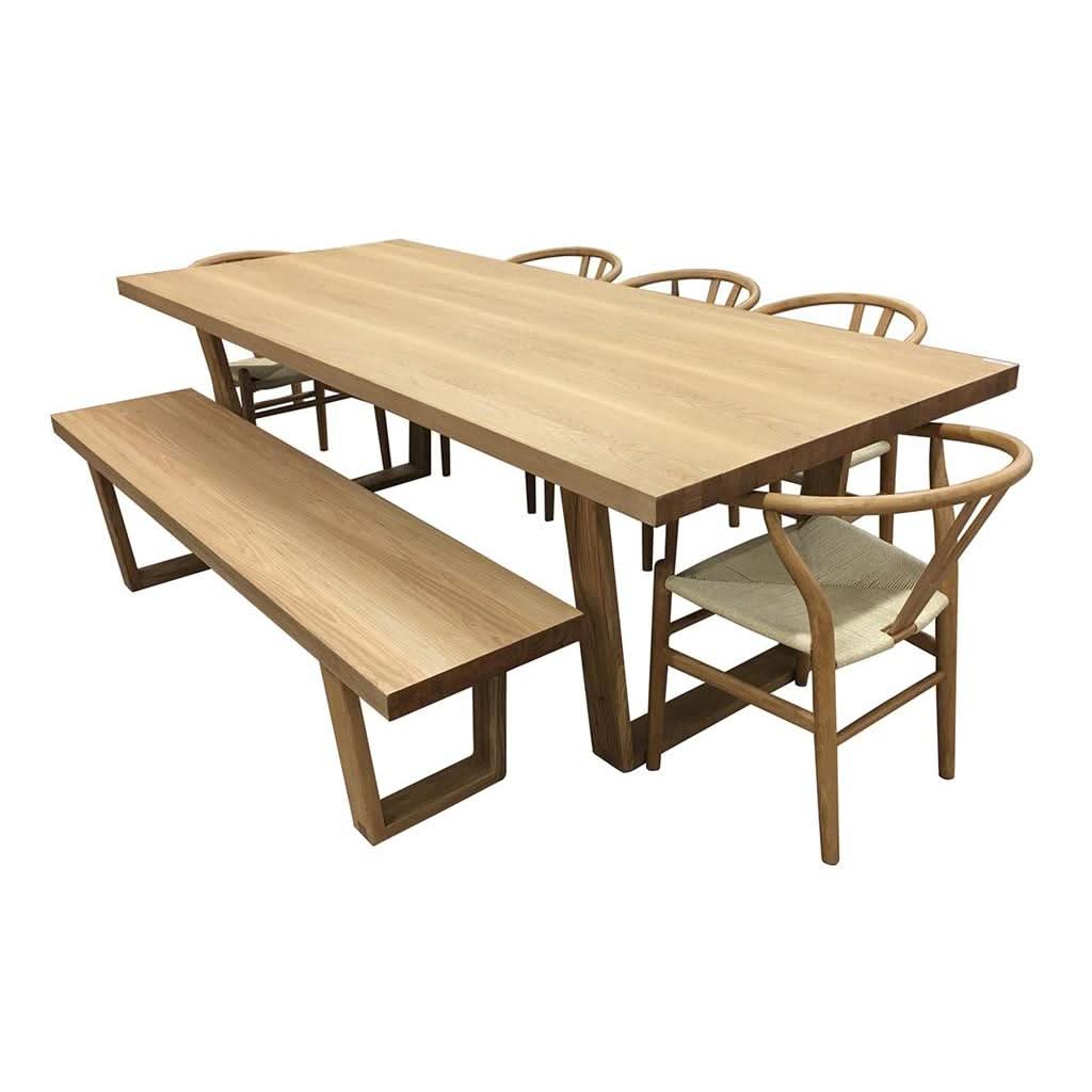 STROUD ELM VENEER TIMBER/MDF 7 PIECE DINING SET: 1 TABLE 240CM, 5 STROUD DINING CHAIRS & 1X190CM BENCH - MyChocolateWood