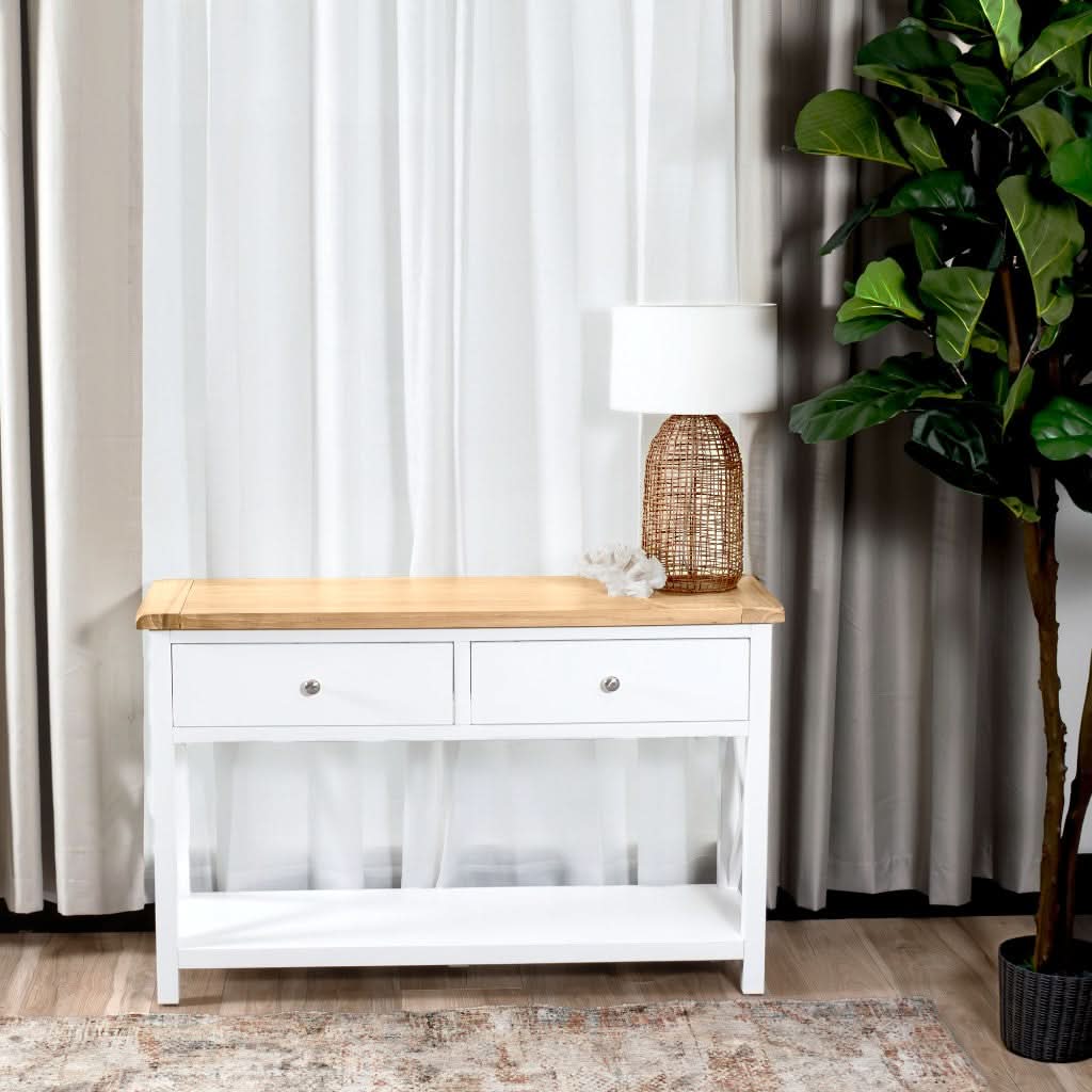 CHRISTA HAMPTON SOLID ACACIA 2-DRAWER CONSOLE TABLE HALL TABLE LIGHT OAK/WHITE - MyChocolateWood