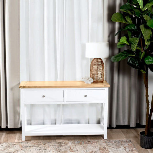 CHRISTA HAMPTON SOLID ACACIA 2-DRAWER CONSOLE TABLE HALL TABLE LIGHT OAK/WHITE - MyChocolateWood