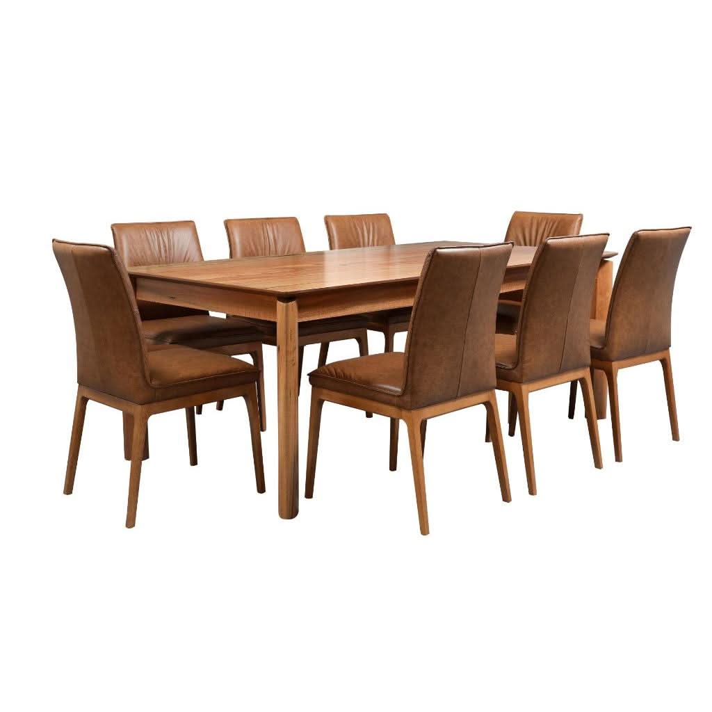 BUNGARRA 9 PIECE MARRI WOOD RECTANGULAR DINING TABLE SET 240CM + 8 BUNGARRA TOFFEE LEATHER DINING CHAIRS - MyChocolateWood