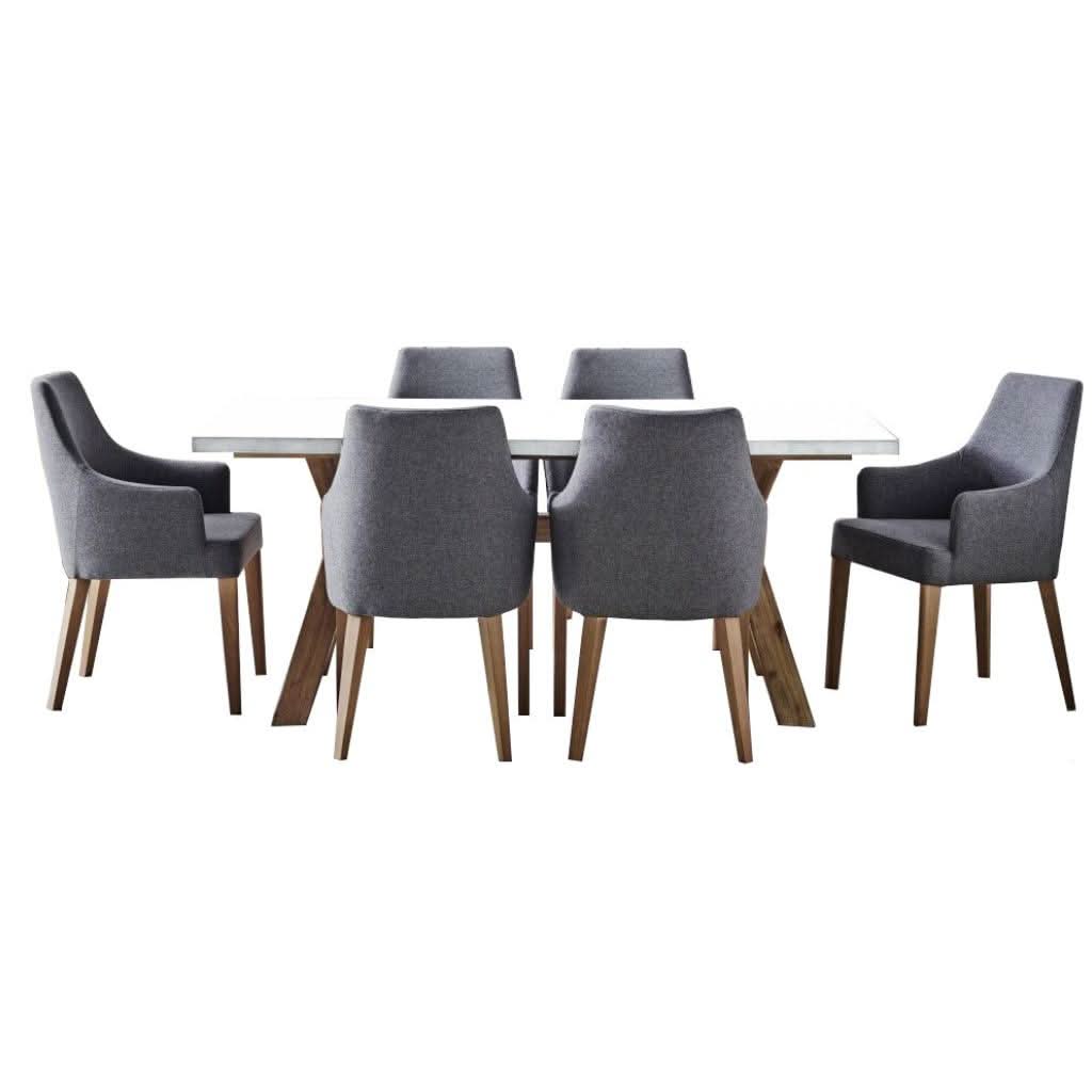 ROSALI 2-TONE WHITE CONCRETE TOP & SOLID ACACIA PEWTER 7 PIECE DINING SET: 1 DINING TABLE 180CM & 6 DINING ARMCHAIRS - MyChocolateWood