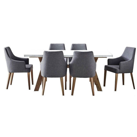 ROSALI 2-TONE WHITE CONCRETE TOP & SOLID ACACIA PEWTER 7 PIECE DINING SET: 1 DINING TABLE 180CM & 6 DINING ARMCHAIRS - MyChocolateWood