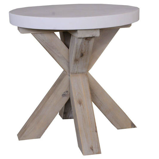 ROSALI 2-TONE WHITE CONCRETE TOP & SOLID ACACIA PEWTER ROUND LAMP TABLE/SIDE TABLE - MyChocolateWood