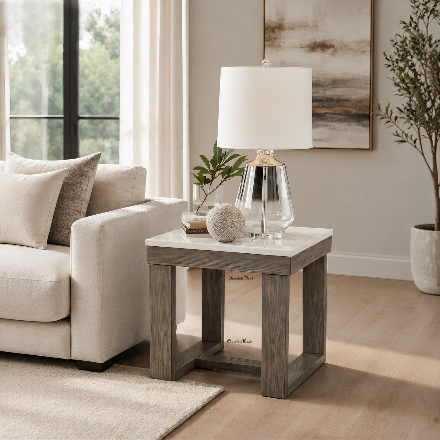 Herrington Oak Square Lamp Table in Greyish-Brown Wood Tone with Natural Marble Table Top