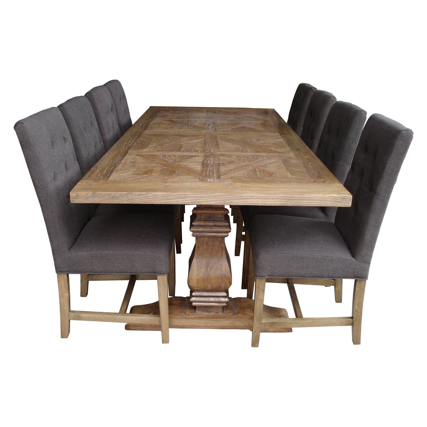 Kensit Hamptons Recycled Elm Parquetry Dining Table, 245cm in Natural - Chocolate Wood