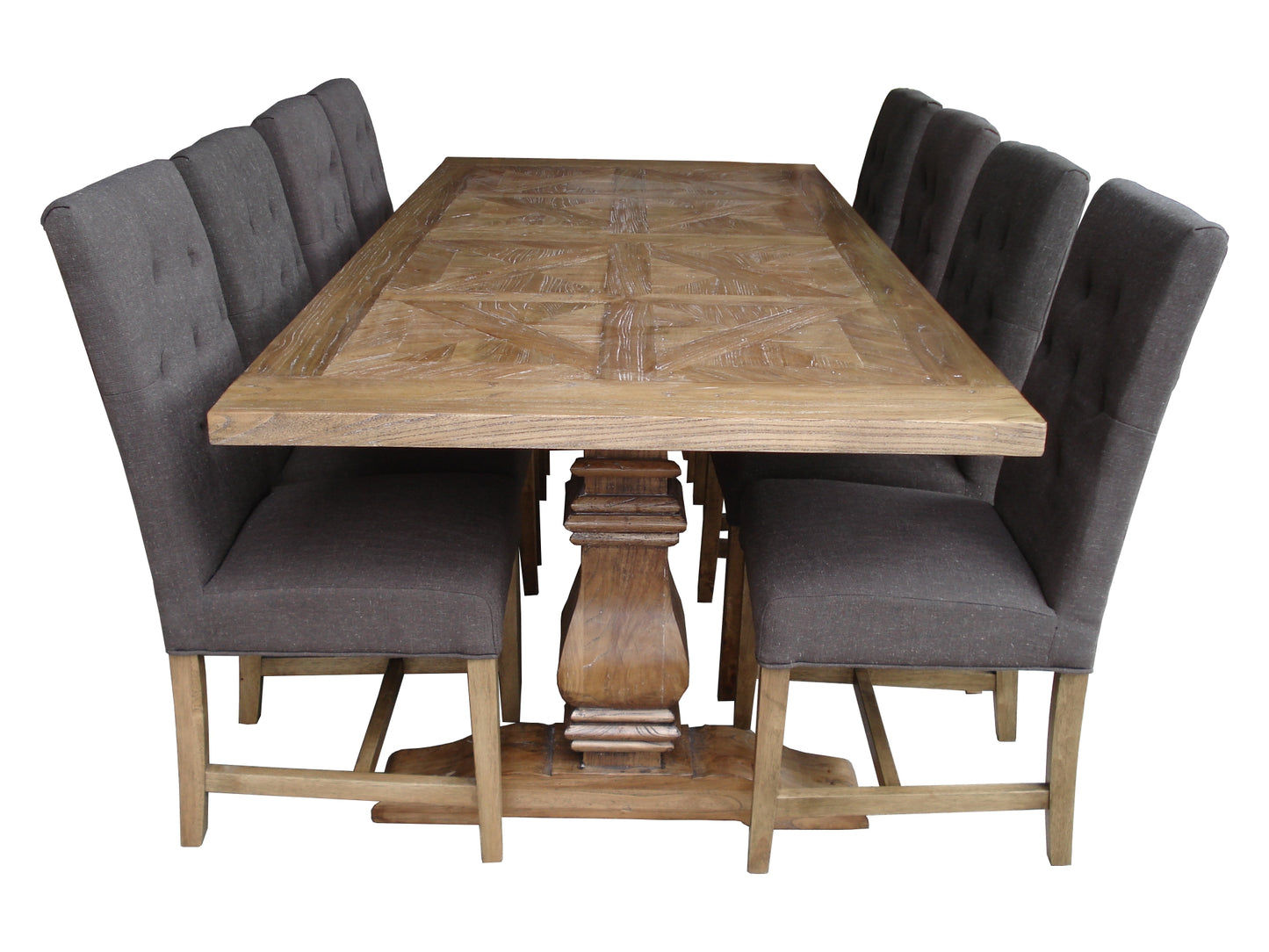 KENSIT RECYCLED ELM DINING TABLE IN 2 TONE FINISH PARQUETRY TOP 245CM - MyChocolateWood