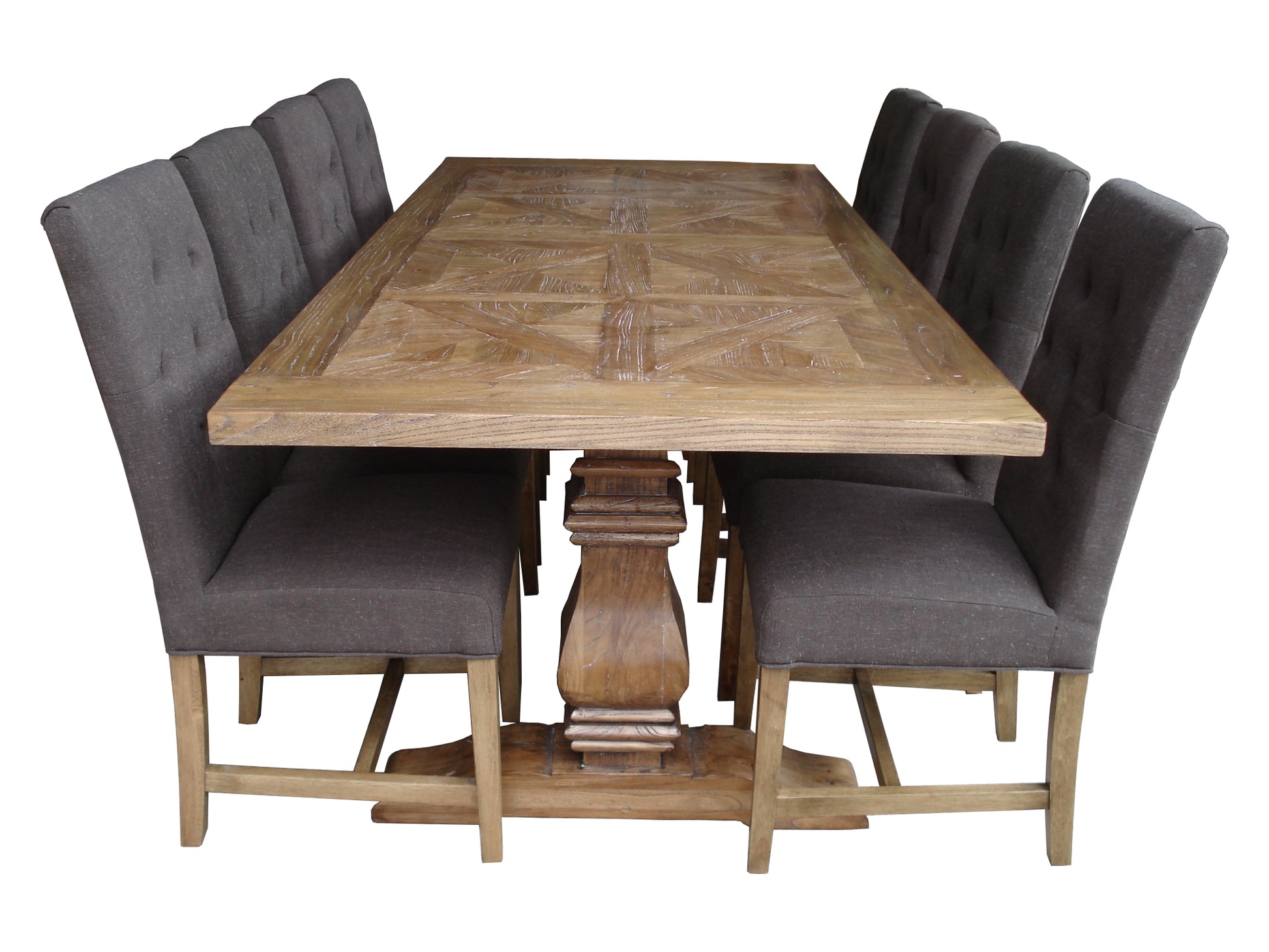 KENSIT RECYCLED ELM DINING TABLE IN 2 TONE FINISH PARQUETRY TOP 245CM - MyChocolateWood