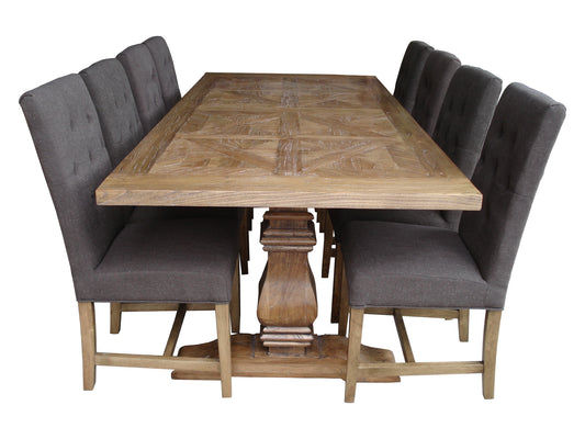 KENSIT RECYCLED ELM DINING TABLE IN 2 TONE FINISH PARQUETRY TOP 245CM - MyChocolateWood
