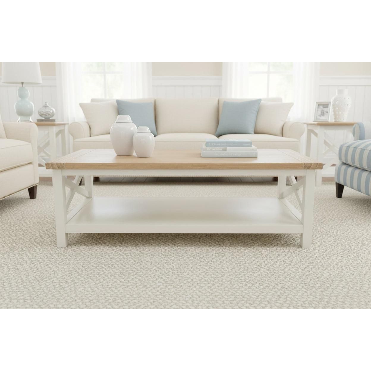 CHRISTA HAMPTON SOLID ACACIA COFFEE TABLE LIGHT OAK TOP WHITE BASE - MyChocolateWood