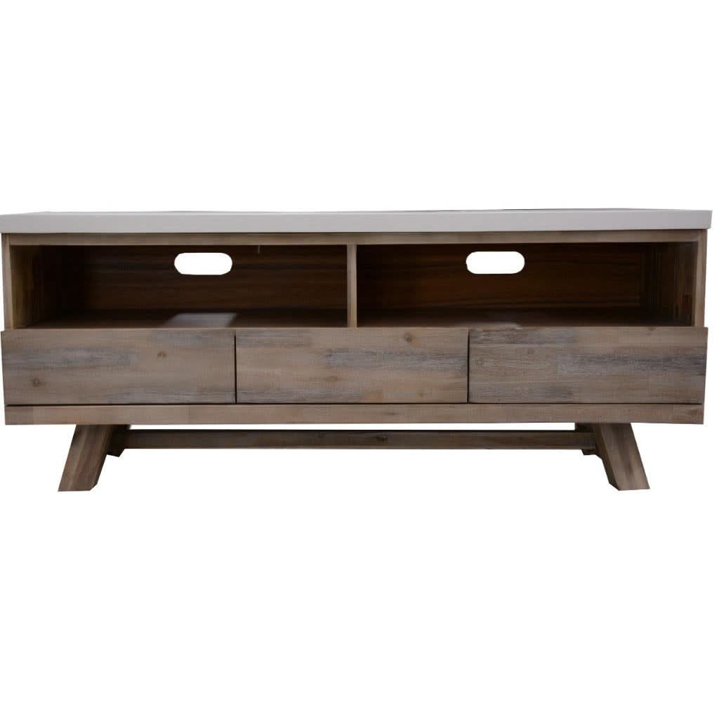 MyChocolateWood ROSALI 2-tone white concrete and solid acacia pewter ETU TV unit with 3 drawers and 2 niches