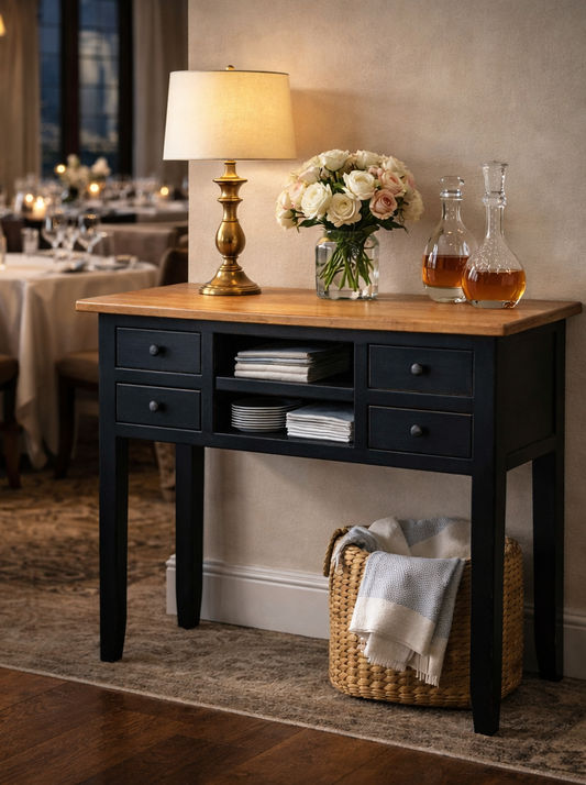 DAGENHAM RUSTIC RECYCLED ELM HALL TABLE/CONSOLE 4 DRAWERS/2 SHELVES NATURAL/BLACK - MyChocolateWood